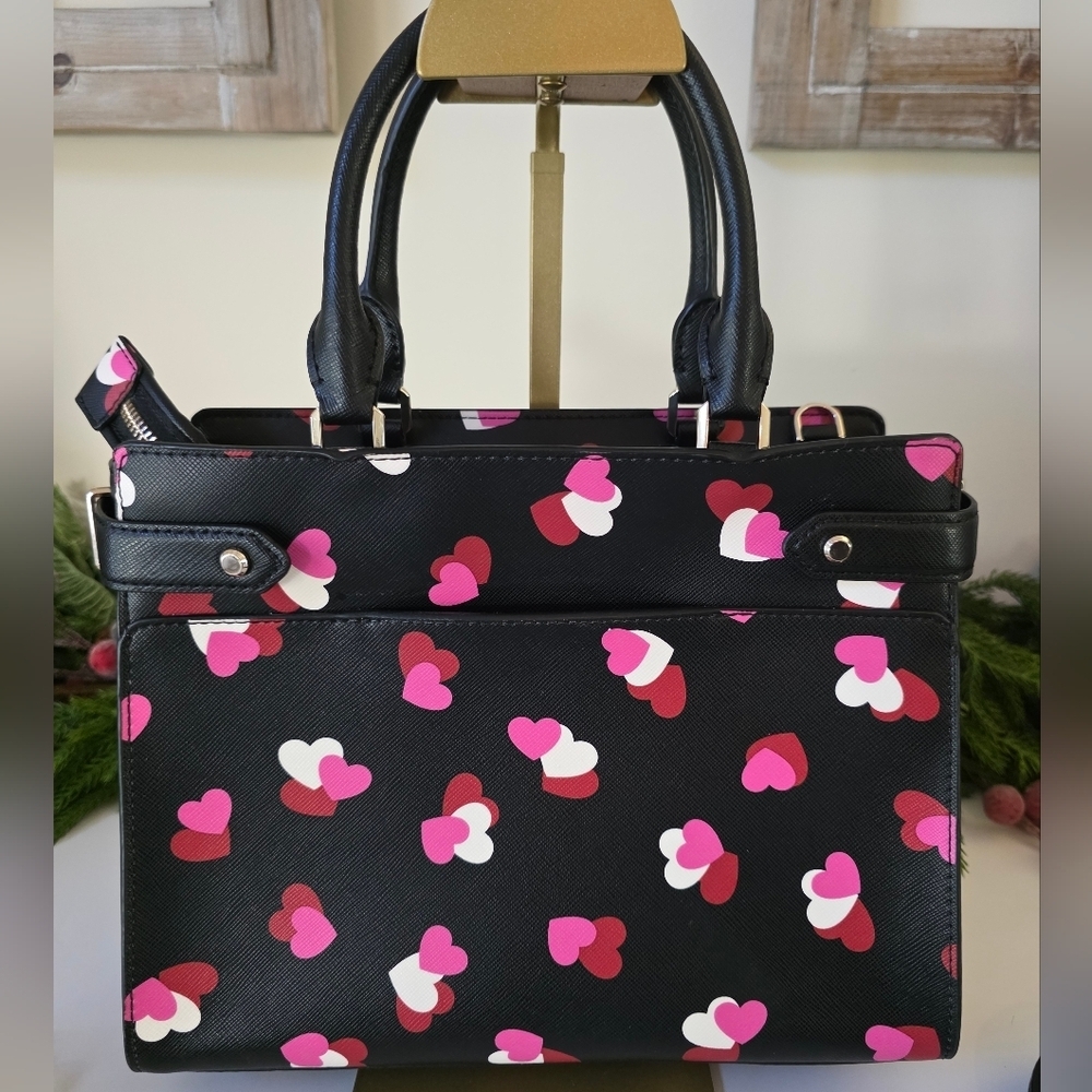 Kate Spade Medium Staci Flutter Hearts Satchel-Crossbody Black Saffiano Leather - Picture 9 of 12